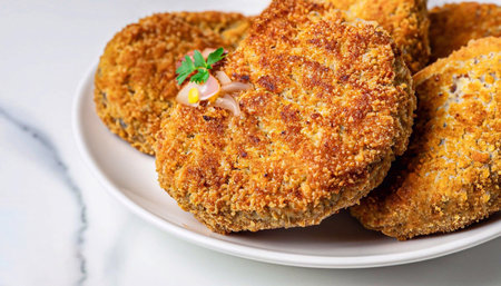 two chicken cutlets on a leaf of lettuce, mashed potatoes and tomato sauce. Kiev style cutlets