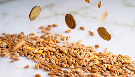 cost of wheat and flour in the EU countries. Falling euro coins on spikelets of wheat and euro bills on Euro Union flag background.Food Crisis in Europe.Prices for wheat and flour in Europe.の写真素材