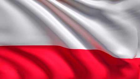 Fabric texture flag of Poland. Flag of Poland waving in the wind. Poland flag is depicted on a sports cloth fabric with many folds. Sport team banner.の写真素材