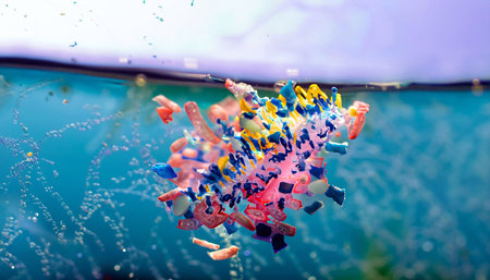 microplastic particles float in the ocean, water pollution.の写真素材