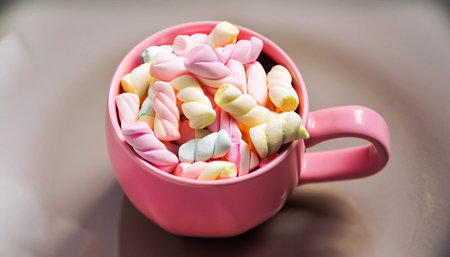View from above of cup full of multicolored small marshmallows and teaspoon inside standing on white empty table, bowl filled with soft colorful sweets against whitey background. Vertical.の写真素材