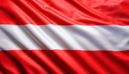 Austria flag is depicted on a sport stitch cloth fabric with folds.の写真素材