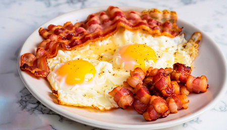 Closeup of scrambled eggs with bacon. Selective focusの写真素材