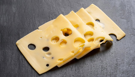 Pieces of Swiss cheese on a black background. Top view.
