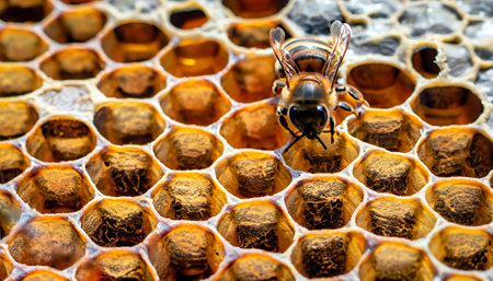 Macro photo of working bees on honeycombs. Beekeeping and honey production image.