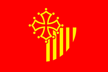 Languedoc-Roussillon territory flag until 2004 on wavy silk textile fabric background.のイラスト素材