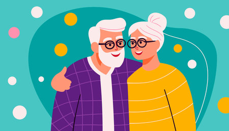 Happy Grandparents Day background. National Grandparents Day celebration. July 23. Cartoon vector illustration. greeting card, poster, banner. Calligraphy. Elderly. International Day for Older Personsのイラスト素材