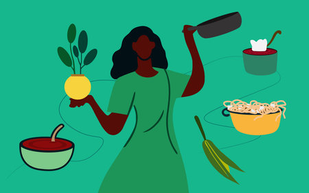 Vector illustration of a woman cooking in the kitchen. Flat style.のイラスト素材
