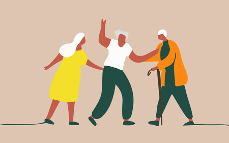 elegant drawing Home for the elderly, Positive images of people enjoying activities, dancing, playing. vector imagesのイラスト素材