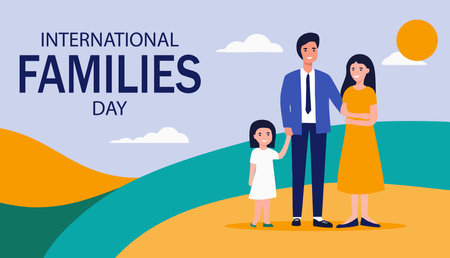 A family is shown on a poster for International Families Day. The poster features a man and a woman holding a child, with the sun shining in the background. The poster conveys a sense of warmthのイラスト素材