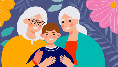 A cartoon of a boy and two older women hugging. Scene is warm and lovingのイラスト素材