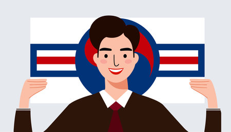 A man is holding a flag with a red circle on it. He is smiling and holding the flag up to the cameraのイラスト素材