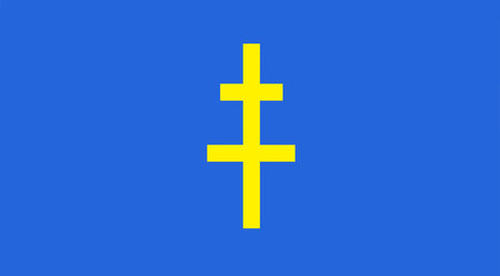 A blue and yellow flag with a cross on it. The flag is from a country that is Christianのイラスト素材