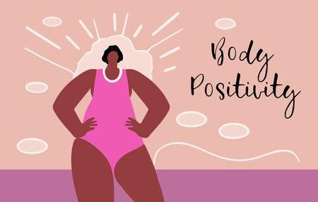 A woman in a pink bikini is standing with her arms crossed and a smile on her face. The image is titled "Body Positivity" and is meant to promote a positive body imageのイラスト素材