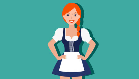 A woman in a blue dress with a white apron and red hair. She is smiling and standing with her arms crossedのイラスト素材