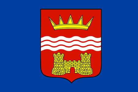 A blue and red flag with a crown on it. The flag is from a country with a castle on itのイラスト素材