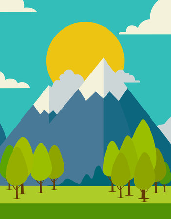 A mountain range with a sun in the sky. The sun is yellow and is in the middle of the sky. The mountains are in the background and the trees are in the foreground. The sky is blueのイラスト素材