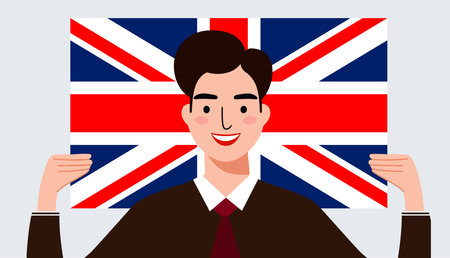 A man is holding a British flag and smiling. Concept of patriotism and pride in one's countryのイラスト素材