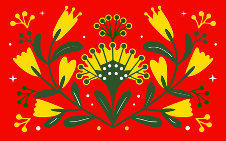 A vibrant red and yellow floral design with green leaves is displayed. The flowers are a mix of yellow and green, and the leaves are also green. The overall effect is a lively and cheerful sceneのイラスト素材
