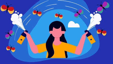 A woman is spraying something at a swarm of bugs. The spray is coming out of her handsのイラスト素材