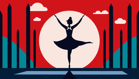 A woman in a black dress is dancing in front of a red background with a large moon. The image has a dreamy and romantic mood, with the woman's graceful movements and the serene setting of the moonのイラスト素材