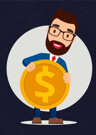 The of a man is holding a gold coin with the number on it. He is smiling and he is happyのイラスト素材