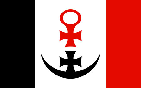 A flag with a cross and a woman's head on it. The flag is red, white, and blackのイラスト素材