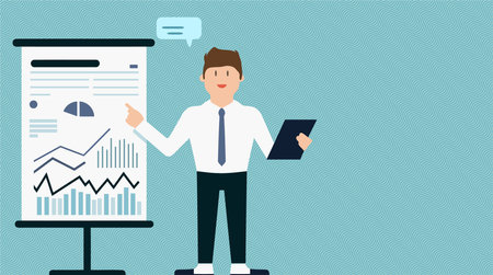 A man is standing in front of a white board with a smile on his face. He is pointing to the board and holding a tablet. Concept of positivity and productivityのイラスト素材