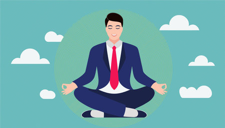 A man in a suit and tie is sitting cross legged with his hands on his knees. He is smiling and he is in a relaxed state. The background features a cloudy sky, which adds a sense of calmnessのイラスト素材