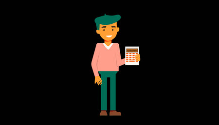 A man is holding a calculator and smiling. Concept of happiness and accomplishment, as the man is likely proud of his work or has just finished a task that required the use of a calculatorのイラスト素材