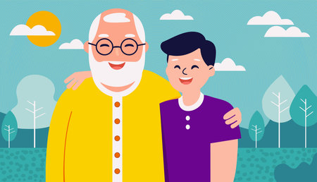 A man and a boy are hugging each other. The man is wearing a yellow shirt and glasses. The scene is set in a park with trees in the backgroundのイラスト素材