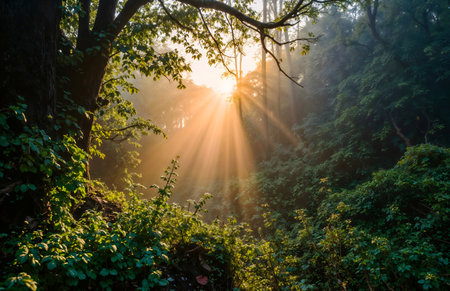 The sun is shining through the trees, casting a warm glow on the forest floor. The light is filtering through the leaves, creating a peaceful and serene atmosphereの素材