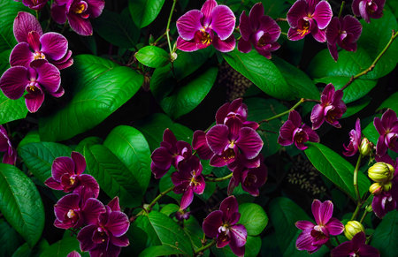 A cluster of vibrant purple flowers is nestled among the lush green leaves of a bush. The flowers are of various sizes and are scattered throughout the scene, creating a beautifulの素材
