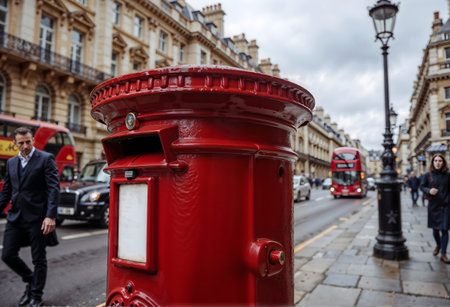 A welldressed man in a formal suit casually walks past a bright red post box situated on the sidewalk, as he goes about his dayの素材