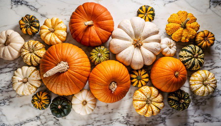 A stunning and vibrant display of colorful pumpkins, showcasing the beautiful harvest bounty of autumns seasonal charmの素材
