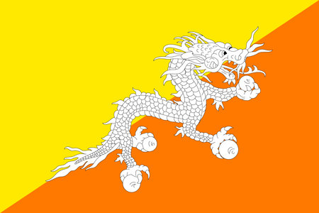 High-resolution image of the flag of Bhutan with yellow and orange diagonal halves and white dragon. Symbol of unity, faith, and strength of Bhutan.のイラスト素材