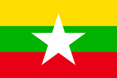 High-resolution image of the Flag of Myanmar with yellow, green, red stripes and white star. Represents Myanmar's unity, independence, cultural heritage, and national pride.のイラスト素材