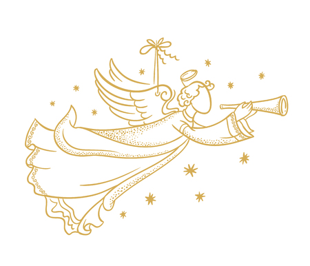 Golden isolated angel silhouette hanging on a cord and snowflakesのイラスト素材