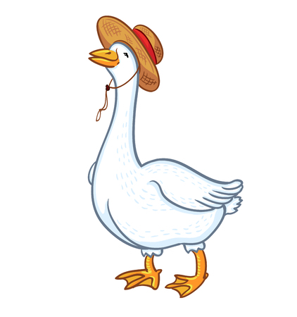 White goose with a hat isolated on white background, male goose. Cartoon funny goose, poultry, farm animalのイラスト素材
