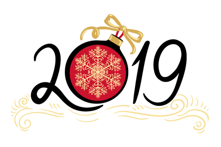 Happy New Year and Merry Christmas 2019. Decorative element golden snowflake on the Christmas ballのイラスト素材