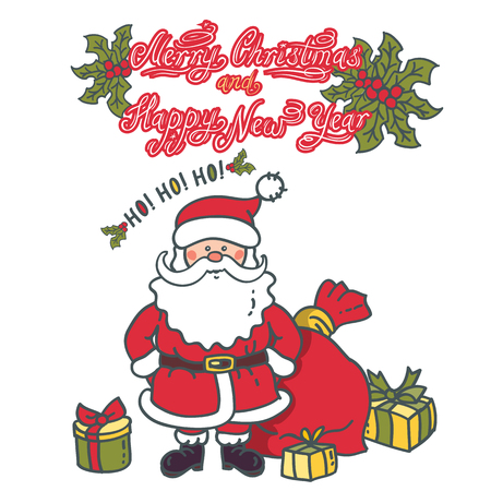 Santa Claus Cartoon Character with gifts and bag. Design for Christmas and New Year with textのイラスト素材