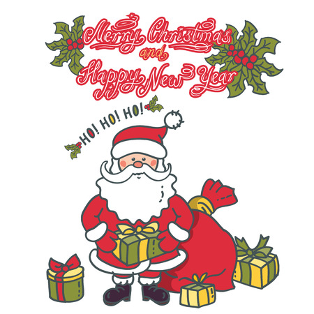 Santa Claus with a gift in hand and a lot of boxes around. Christmas and New Year greeting designのイラスト素材