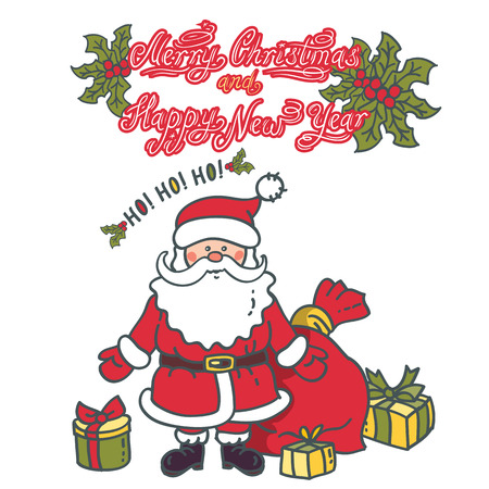 Santa Claus with presents many boxes around. Greeting card with text. Christmas and New Year greeting designのイラスト素材