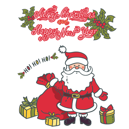 Santa Claus with bag and gifts. Illustration greeting card with text: "Merry Christmas and Happy New Year"のイラスト素材
