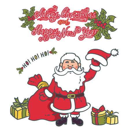 Santa Claus waving his hat with gifts. Elements for Christmas and New-Year designのイラスト素材