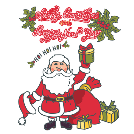 Santa Claus with gifts. Vintage style funny greeting card - Christmas and Happy New Year Holidayのイラスト素材