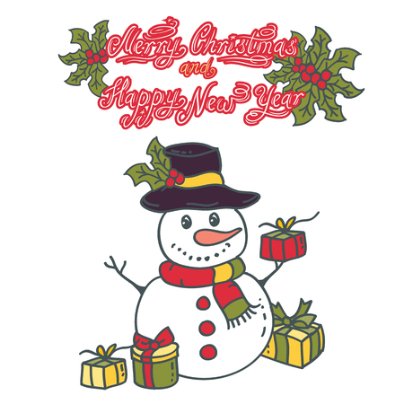 Snowman with gifts vector illustration on white backgroundのイラスト素材