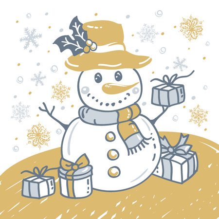 Christmas hand drawn card with Christmas snowman, snowflakes and gift boxのイラスト素材
