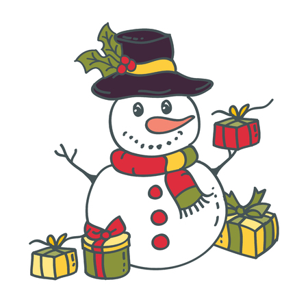 Snowman with gifts vector illustration on white background. Elements for Christmas and New year designのイラスト素材