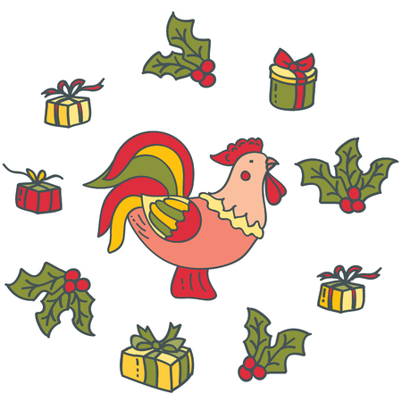 Bright decorative rooster with gifts. Symbol of chinese new yearのイラスト素材